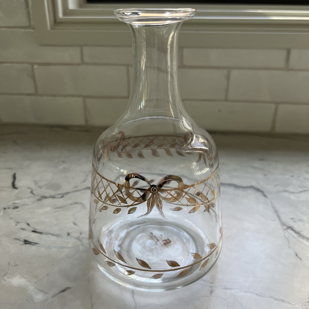 Vintage Glass Vase or decanter Hand Painted Gold Bow and leaf‎ Decoration